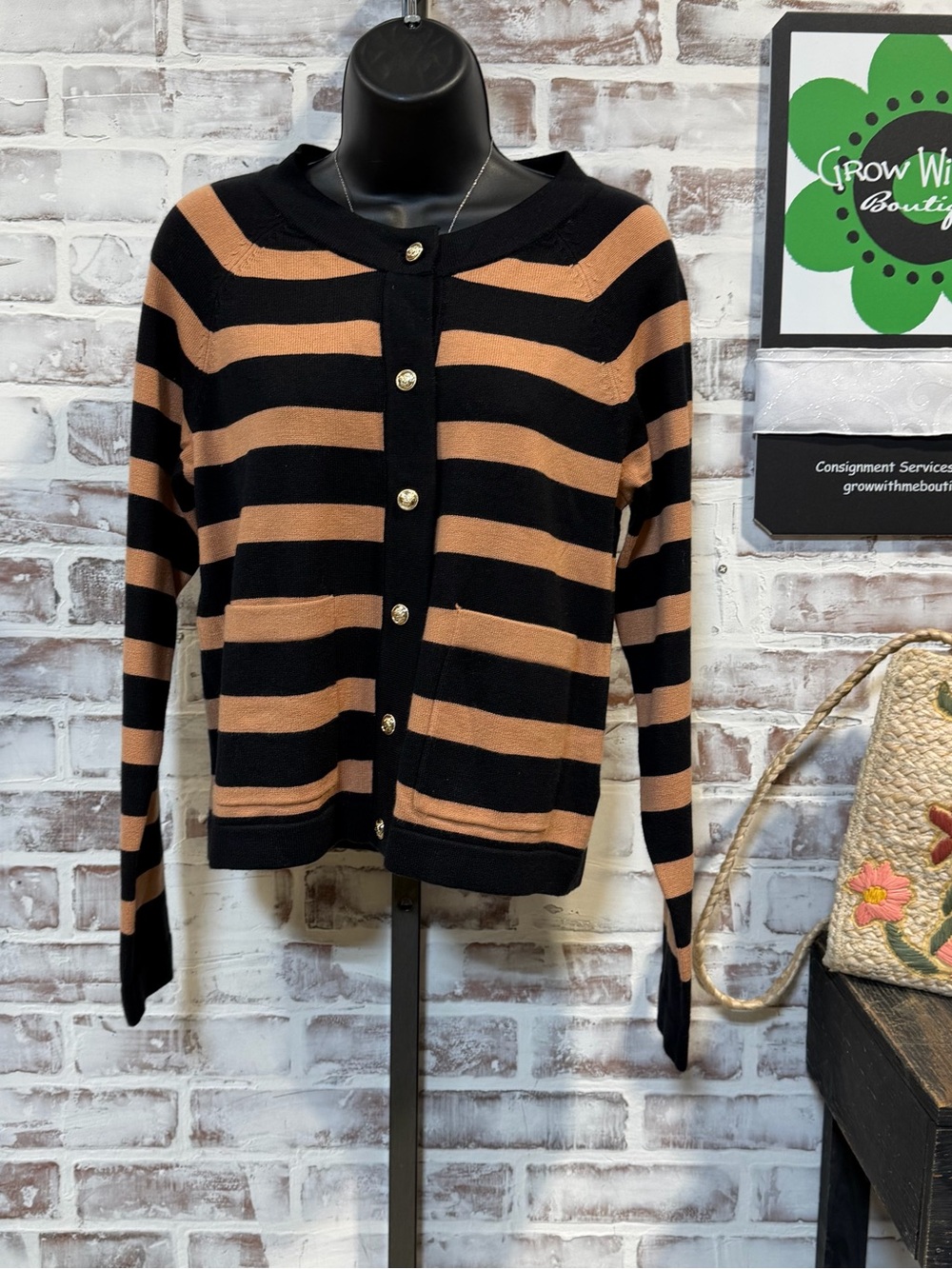 Evereve Black and Tan Striped Button-Up Cardigan